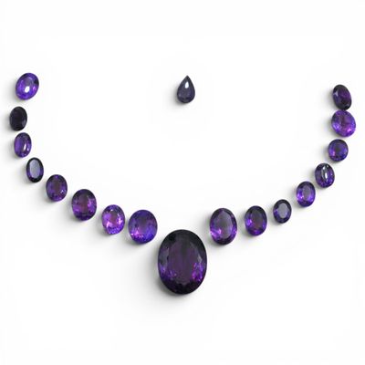 a purple necklace and earring set on a white surface