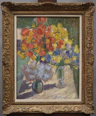 une peinture de fleurs dans un vase sur une table