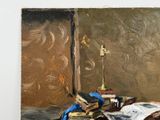 a painting of a painting of a room with books and a lamp