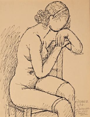 dessin représentant une femme assise sur une chaise, les mains sur le visage