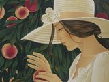 an illustration of a woman in a white hat picking an apple from a tree