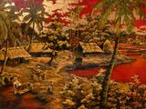 peinture représentant un tableau représentant un paysage tropical avec des palmiers et une rivière