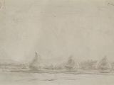 an old drawing of a boat on a body of water with trees in the background