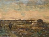 painting of a landscape with cows grazing in a field