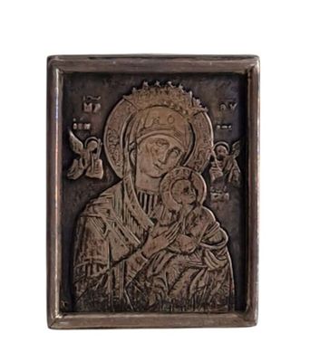 RUSSIE, Icône miniature à poser, cadre en argent, 5 x 4 cm