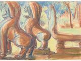 drawing of three statues in a park with trees in the background