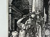 a black and white drawing of a man holding a sword