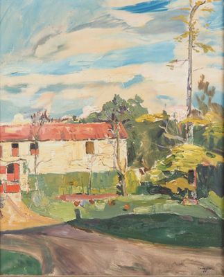 une image d'une peinture représentant une maison sur une colline