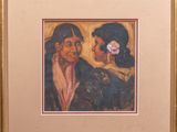 framed painting of two women with a flower in their hair