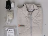 a white jacket and other items laid out on a table