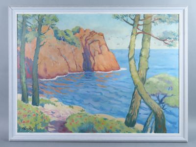 painting of a painting of trees and a body of water with rocks in the background