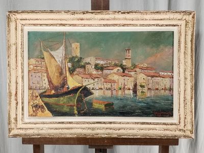a picture of a painting on a easel with a boat in the water