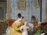 painting of a woman and a child in a room with a piano