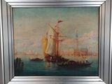 painting of a boat in a body of water with a lighthouse in the background