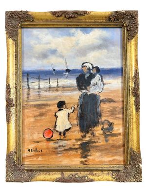 une peinture à l'huile représentant une femme et un enfant sur la plage
