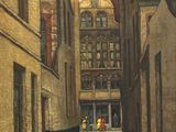 un tableau représentant une rue bordée de bâtiments de part et d'autre