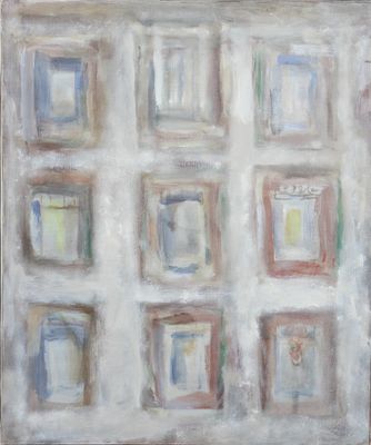 une image représentant une peinture composée de carrés de différentes couleurs sur un mur blanc