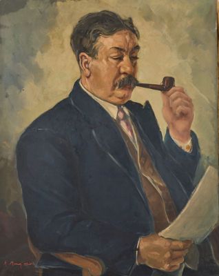 tableau représentant un homme en costume, fumant la pipe et lisant un journal