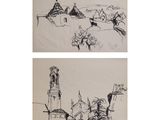 deux dessins représentant des bâtiments et une tour horloge située sur une colline