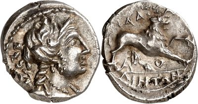a silver coin with a woman on it and a horse on it