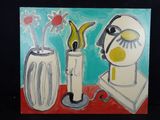 un tableau représentant deux vases remplis de fleurs