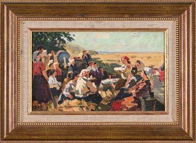 an oil painting of a group of people sitting on a beach