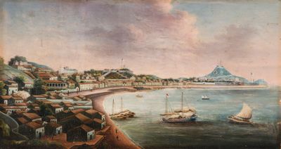 painting of a view of a harbor with boats in the water and a mountain in the distance