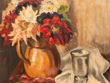 une peinture représentant un vase de fleurs sur une table