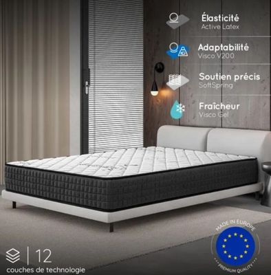 the mattress is in the middle of the room with the european flag on the wall