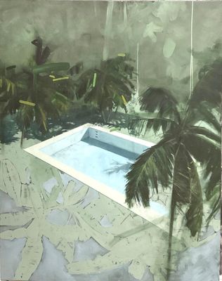 un tableau représentant une piscine entourée de palmiers