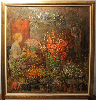 un tableau représentant une femme dans un magasin de fleurs