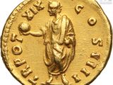 a close up of a gold coin with an image of a man holding a ball
