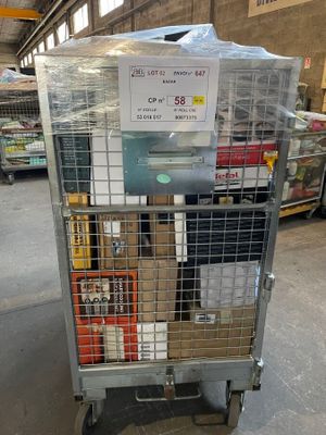a cart with a lot of items in it in a warehouse