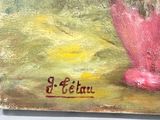 a painting of a pink vase with flowers in it