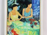tableau représentant deux femmes assises à une table, avec des fleurs devant elles