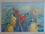 a painting of a group of people standing in the water