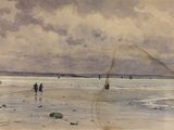 un tableau représentant des personnes marchant sur la plage avec un cerf-volant
