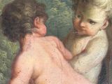 a painting of two babies playing in the water