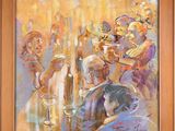 an oil painting of a group of people playing instruments in a room