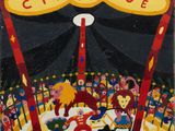 tableau représentant une scène de cirque avec un chat noir sur un manège de cirque