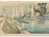 une vieille photo représentant un tableau d'un navire de guerre à l'eau