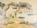 une aquarelle représentant une scène de port avec des bateaux sur l'eau