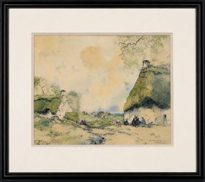 a watercolor painting of a landscape with people sitting on the ground