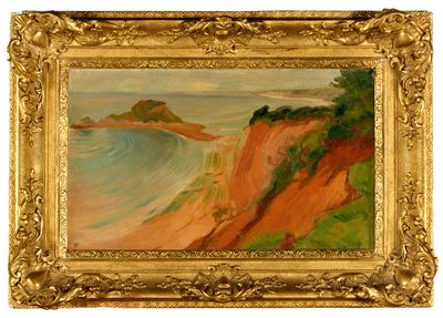 une image représentant une peinture d'une plage avec une falaise en arrière-plan
