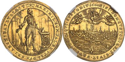 a gold coin with an image of a man holding a sword