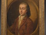 a painting of a man in a red jacket and white shirt