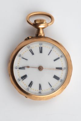 a gold pocket watch with roman numerals on the face