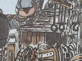 a drawing of a man on a boat in the water