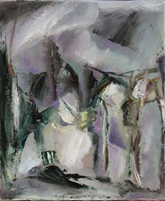une peinture à l'huile représentant un cheval et un homme dans une écurie
