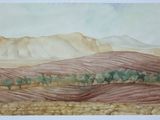 peinture représentant un paysage avec des collines et des arbres au premier plan